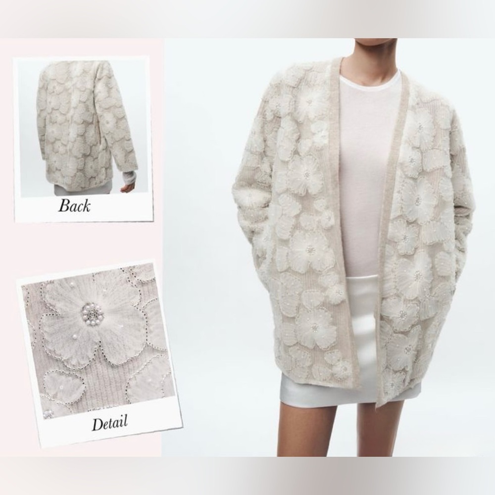 ZARA Floral Pearl Embellished Knit Cardigan – Beige / Cream - Picture 7 of 9